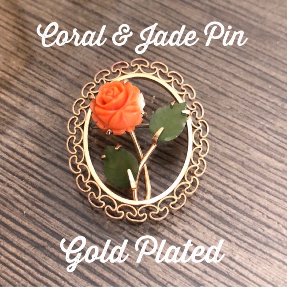 Vintage Gold Plated Coral Rose and Jade Leaves Pin